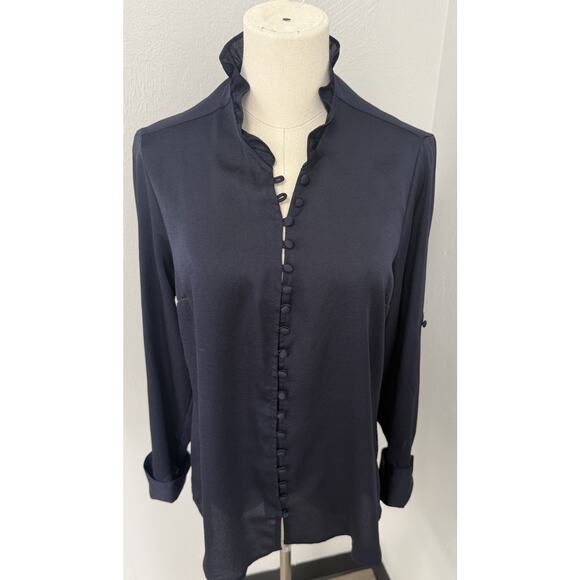 Express Women's Navy Blue Blouse Size Medium Slim Button-Up, cuff Sleeve,V Neck - Picture 1 of 6